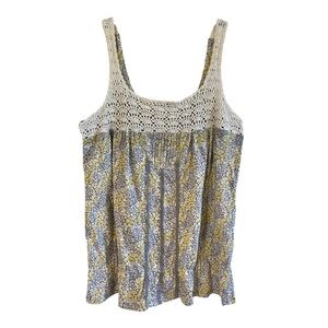 DECREE, SOFT & COMFORTABLE, FLORAL PEPLUM TANK TOP IN CREAM, YELLOW & GREY.SIZEL